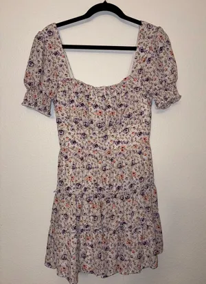 Altar'd State Purple Floral Smocked Mini Dress Tiered Puff Sleeve Medium thumbnail 1