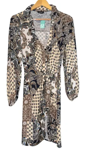 New Triple Seven Patchwork Paisley Dress Women's Small‎ Button Up Tie Waist Fall thumbnail 1