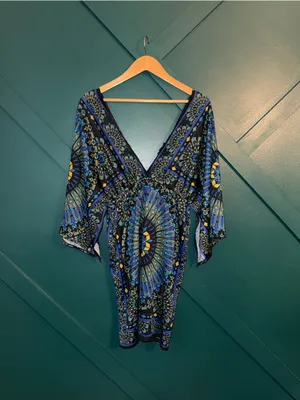 Boho Blue Geometric Mini Dress | V-Neck Bell Sleeve Bodycon Festival Resort thumbnail 2