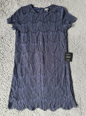 NWT Lulu's Take Me To Brunch Navy Blue Lace Shift Dress, Size Medium thumbnail 1