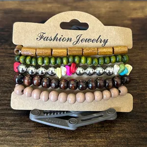 Layered Beaded Bracelet Set - Green, Brown, Pink Accents thumbnail 2
