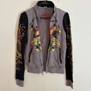 VTG 2000s Ed Hardy by Christian Audigier All Over Print Zip-Up‎ Jacket Womens XS thumbnail 2