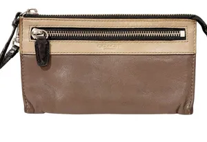Coach Two Toned Brown Taupe and Cream Leather Wristlet Wallet thumbnail 1