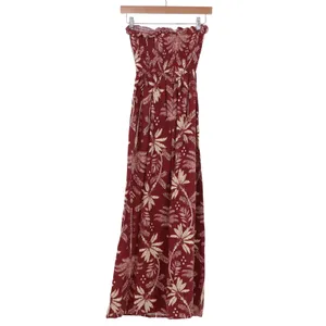 Monteau Los Angeles Strapless Maxi Dress XS Burgundy Tropical Palm Linen Blend thumbnail 5