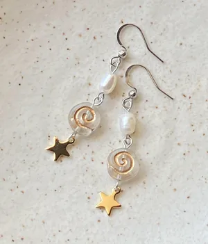 Handmade boho grunge fairy whimsical funky style quality Czech glass swirl pearl dangle earrings🌀⭐️ thumbnail 7