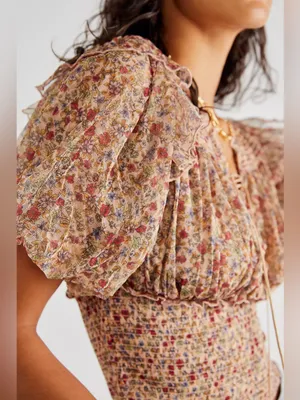 Free People Smocked Floral Lace-Up Crop Top XL NWOT Boho Prairie Cottagecore thumbnail 3