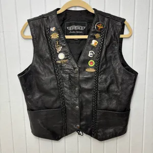 Unik Vintage Motorcycle Black Leather Vest with Unique Pins Size L‎ thumbnail 1