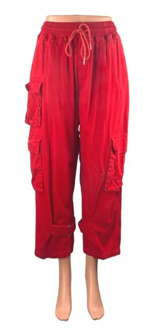 Kol Me Baby Women's Red Cropped High Rise Baggy Cargo Trousers Pants Size S thumbnail 1