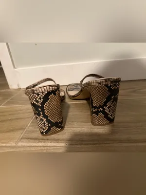 Snake-Print Strappy Block Heel Sandals in Beige/Black thumbnail 3