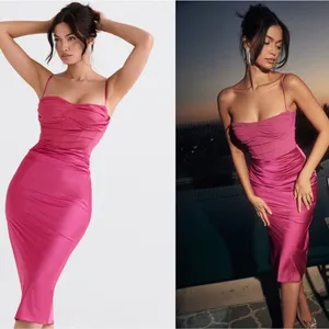 NWOT HOUSE OF CB Teia Satin Georgette Draped Corset Midi Dress Hot Pink XS thumbnail 2