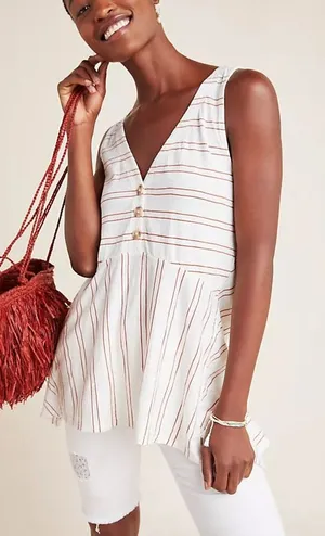 Maeve Anthropologie Cotton Tunic Tank Blouse Striped Peplum Swing Rust Coastal M thumbnail 1