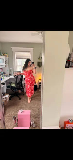 Lulus Chania Pink Multi Abstract Strapless Midi Dess thumbnail 5