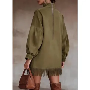 NEW Vegan Suede Tassel High Neck Loose Pocket Mini Dress M thumbnail 2