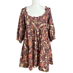 Free People Western Bohemian Dainty Lola Mini Dress Mocha Combo Large Floral NWT thumbnail 8