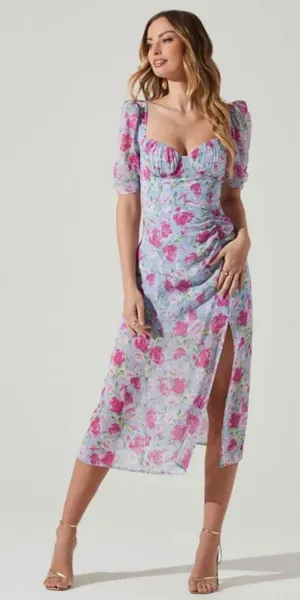 ASTR The Label Floral Milkmaid Cottage-Core Romantic Flowy Midi Dress Medium. thumbnail 1