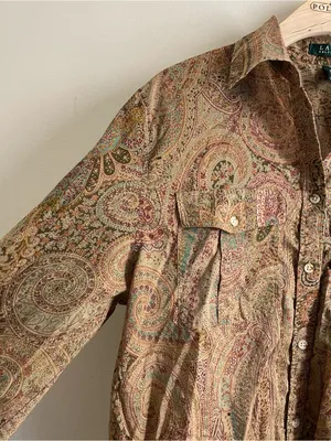 Lauren Ralph Lauren Paisley Button Down Shirt Size M Cotton Boho Blouse Brown thumbnail 4
