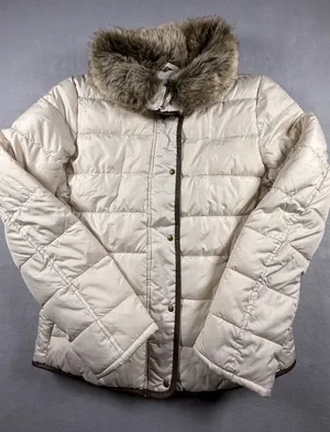 Old Navy Womens Cream Puffer Jacket Faux Fur Collar Brown Trim Size S thumbnail 1
