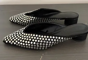 ZARA Black Studded Mules Size 37 Pointed Toe Kitten Heel Slip On Flats Chic thumbnail 1
