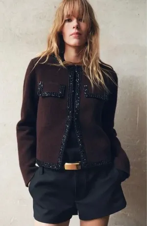 ZARA Wool Beaded Cardigan Sweater Knitwear Embellished Cropped Solid X-Large thumbnail 1