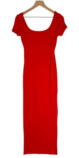 Haute Monde Red Stretch Ribbed Jersey Knit Side Slit Bodycon‎ Scoop Maxi Dress S thumbnail 1