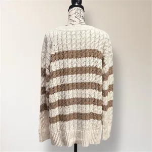 Pilcro Anthropologie M Cream Tan Stripe Cable Knit Sweater Oversized‎ Cozy Cabin thumbnail 4