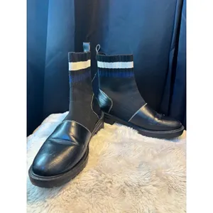 Black Ribbed Knit Sock Ankle Boots Striped Cuff Lug Sole Chelsea Boots Goth thumbnail 2