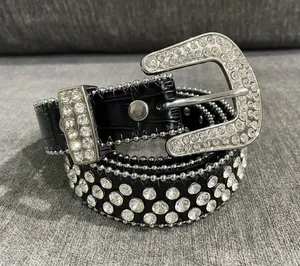 Western Leather Black Studded Rhinestone Embellished Statement Belt Size S/M thumbnail 1