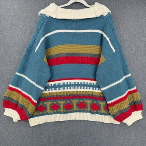 POL Oversized Colorblock Striped Chunky Quarter Zip Sweater Boho Crochet Flower thumbnail 2
