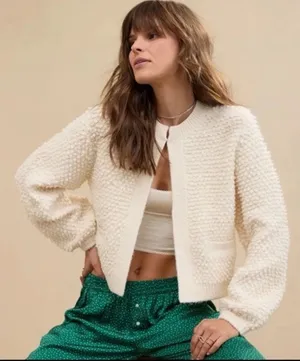 Aerie Chelsea Jacket Cream Boucle Balloon Sleeve Popcorn Yarn‎ Womens Large thumbnail 1
