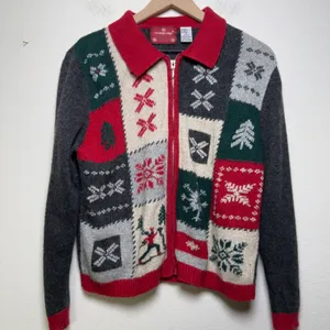 Holiday Lodge Women Wool Patchwork Sweater M Multicolor Christmas Ski Snowflake thumbnail 7