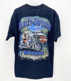 Harley Davidson Bahamas black graphic T-shirt Americana biker festival thumbnail 1