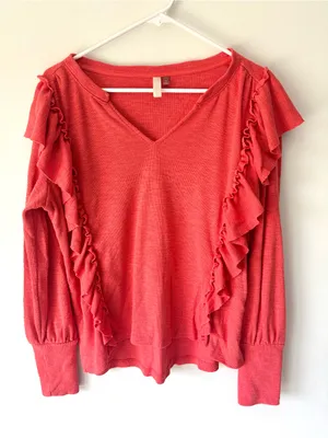 Anthropologie Pilcro Cozy Popover Ruffle Long Sleeves Top Orange Coral V Neck thumbnail 2