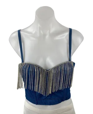 Women's Blue Fringe Rhinestone Corset Bustier Sleeveless Denim Crop Top Size 8 thumbnail 1