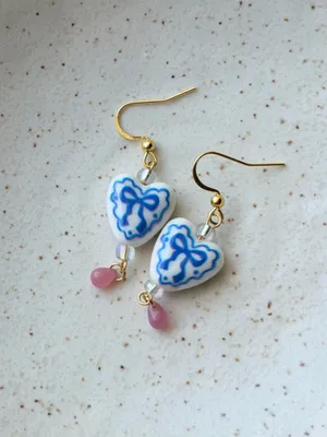 Handmade cottage fairy whimsy style heart ribbon dangle earrings🎀🩵 thumbnail 5