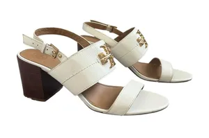 Tory Burch Women’s Eleanor White Leather Gold Metal Block Heel Sandals Size 9.5 thumbnail 1