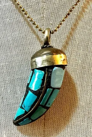 Tibetan brass mosaic Horn Pendant necklace thumbnail 1