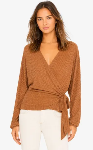 Free People East Coast Wrap Top Moroccan Spice Ribbed Knit Tie Waist NWT L thumbnail 1