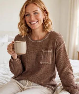Brown Waffle Knit Long Sleeve Loungewear Pajama Top Small thumbnail 1