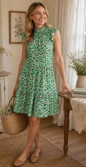 Melloday Women's Green Tiered Sleeveless Knee Length Dress with Smocked Neck. M. thumbnail 1