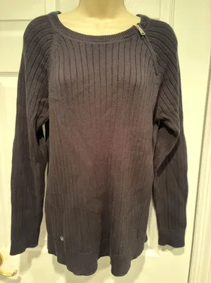 LRL Lauren Ralph Lauren Ribbed Cotton Boat Neck Sweater XL‎ Black Shoulder Zip thumbnail 1