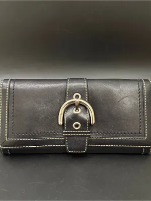 COACH Soho Buckle Classic Black Leather Contrast Stitch Tan Lining Bifold Wallet thumbnail 2