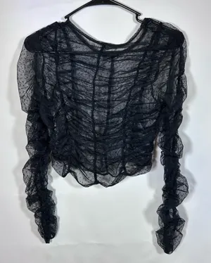 June & Hudson Black Sheer Dotted Mesh Ruched Ruffle Top Size 1 thumbnail 1