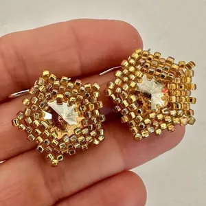 Gold seed bead rhinestone Star earrings Gold thumbnail 1