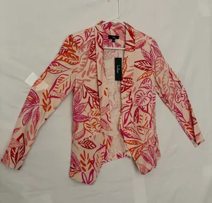 NWT Lulus Women Pink Orange Tropical Leaf Print Linen Blend Blazer Jacket S(A886 thumbnail 1