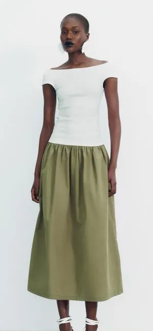 Zara White and Olive‎ Green Off-Shoulder Midi Dress thumbnail 1