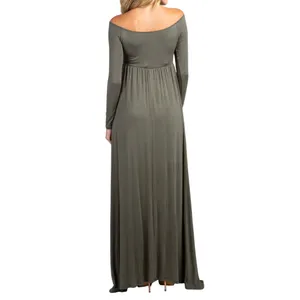 PinkBlush Solid Off Shoulder Maternity Maxi Dress in Olive Green, Size L thumbnail 3