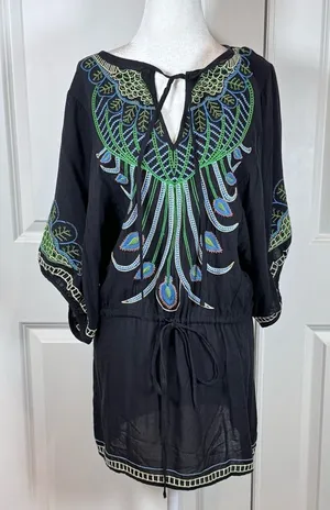 Metropark Boho Embroidered Peacock Tunic Dress Festival Resort Rayon Small Artsy thumbnail 1
