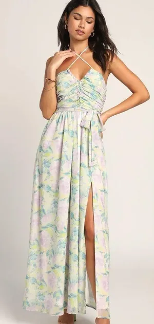 Lulu’s Effortlessly Abloom Green Multi Floral Ruched Halter Maxi Dress thumbnail 1