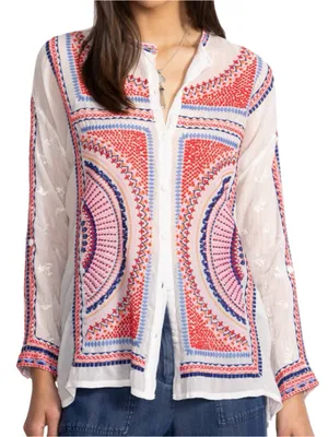Johnny Was Women’s Size S White Pink Red Blue Embroidery Button Down Blouse thumbnail 1