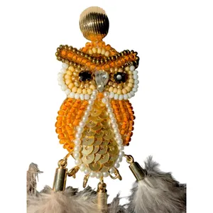 Chico's Birds of a Feather Owl Beaded‎ Feather Dangle Earrings NWT No Droop thumbnail 4